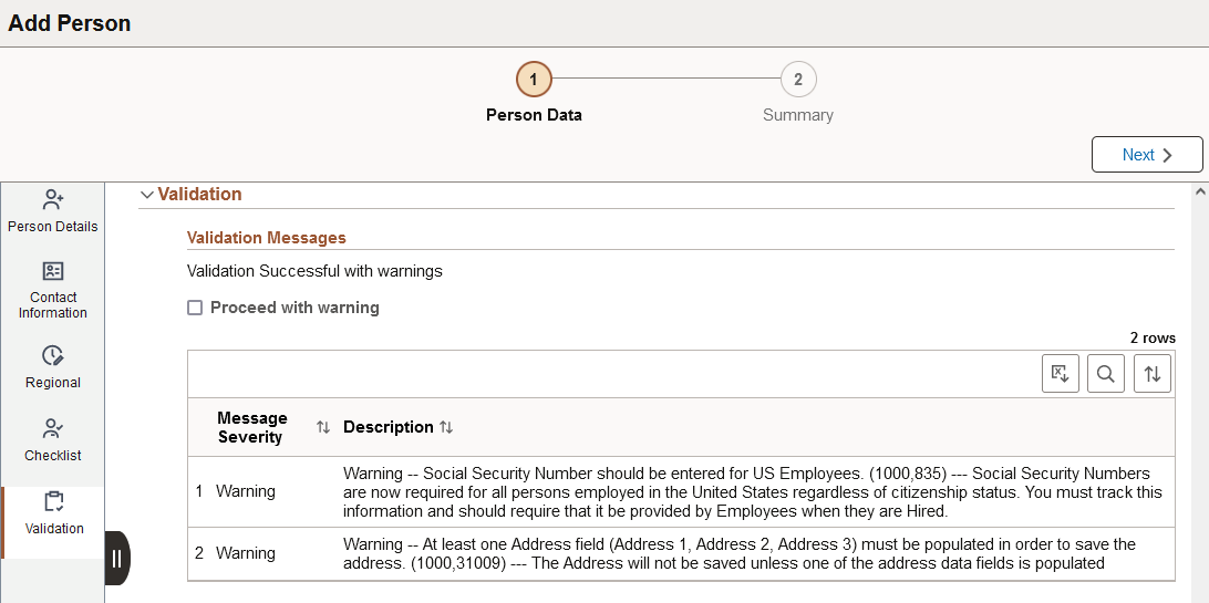 Person Data Page - Validation Page