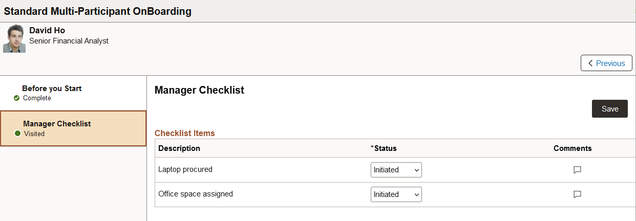 Manager steps using a Multi-Participant OnBoarding activity guide