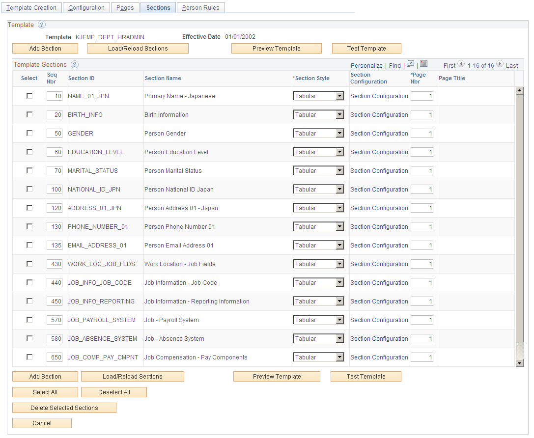 Sections page