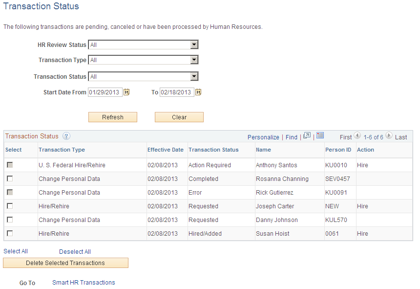 Transaction Status page