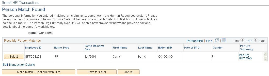 Smart HR Transaction - Person Match Found page