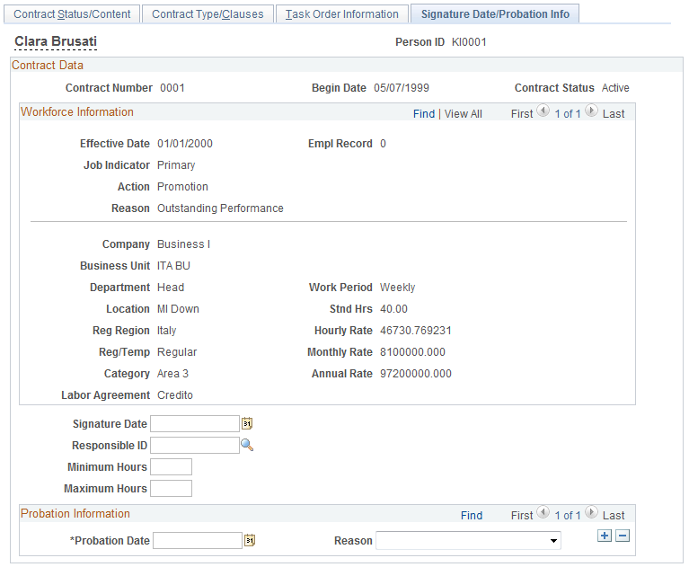 Contract Data - Signature Date/Probation Info page