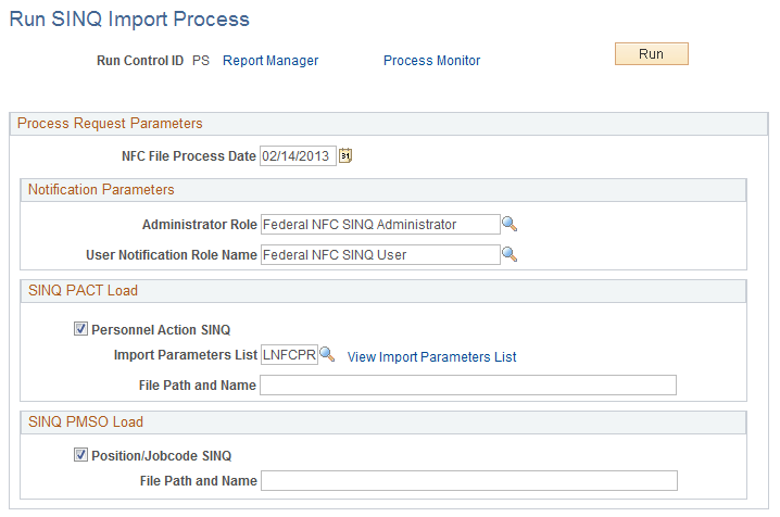 Run SINQ Import Process page