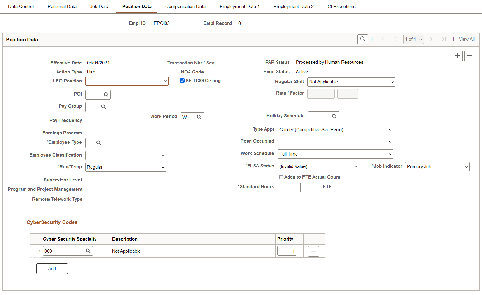 Position Data page