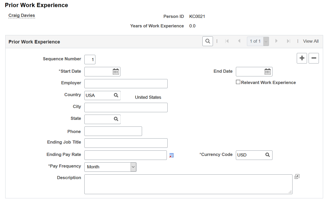 Prior Work Experience page