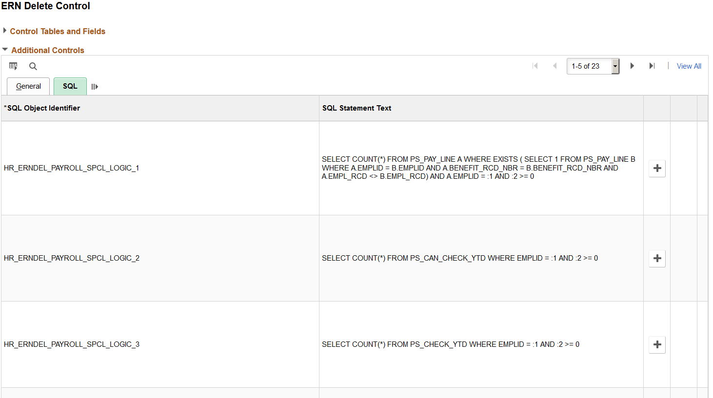ERN Delete Control page: Additional Controls - SQL tab