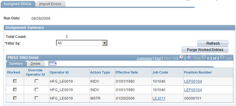 Administer PMSO SINQs - Assigned SINQs page