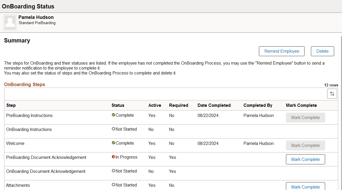 OnBoarding Status page for an administrator showing PreBoarding status
