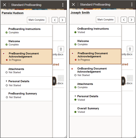 Steps for the PreBoarding phase and the OnBoarding phase