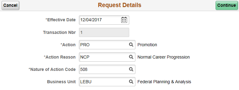 Personnel Actions USF - Request Details page