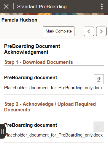 (Smartphone) PreBoarding Document Acknowledgement page