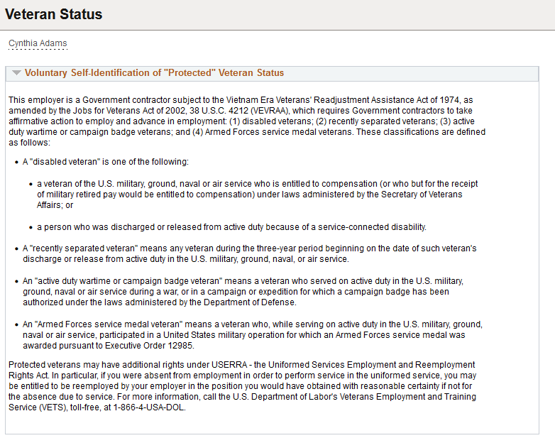(Classic) Veteran Status page (1 of 2)