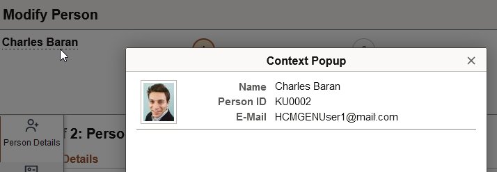 Example of the popup header in Person Data