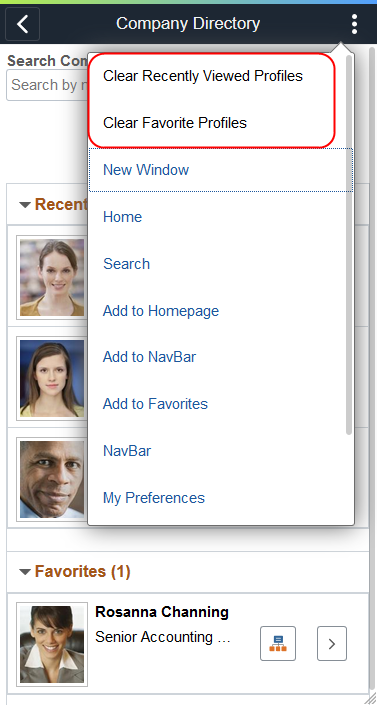 Actions List options for the Company Directory