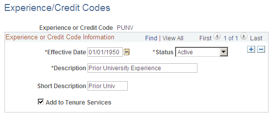 Experience/Credit Codes page