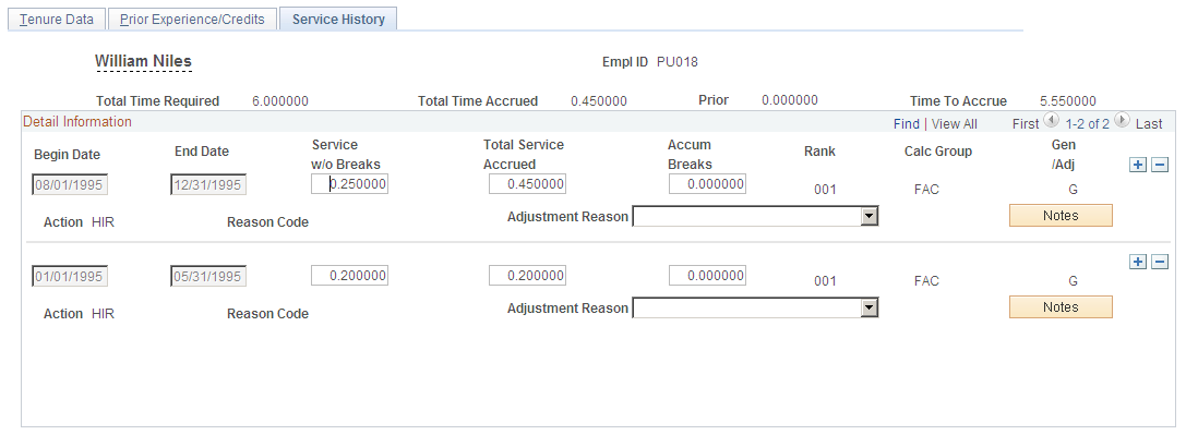 Service History page