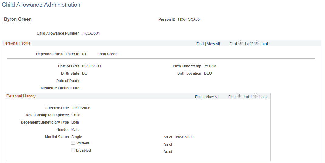 Child Allowance Administration page (1 of 2)