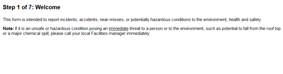 Report Incident - Welcome page