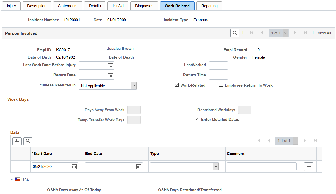 Injury Details - Work-Related page (1 of 3)