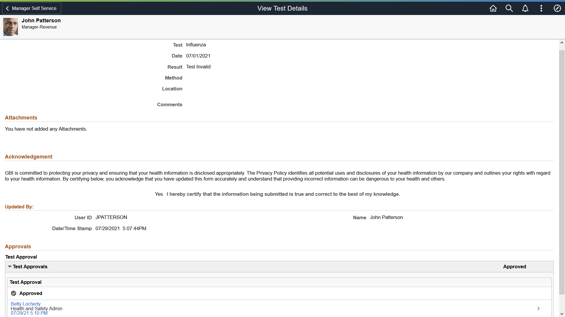 View Test Results page