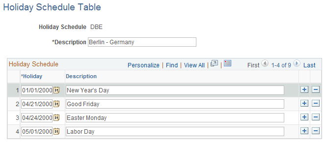Holiday Schedule Table page