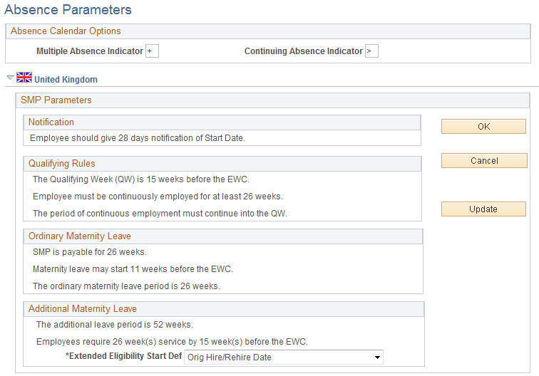 Absence Parameters page (1 of 3)