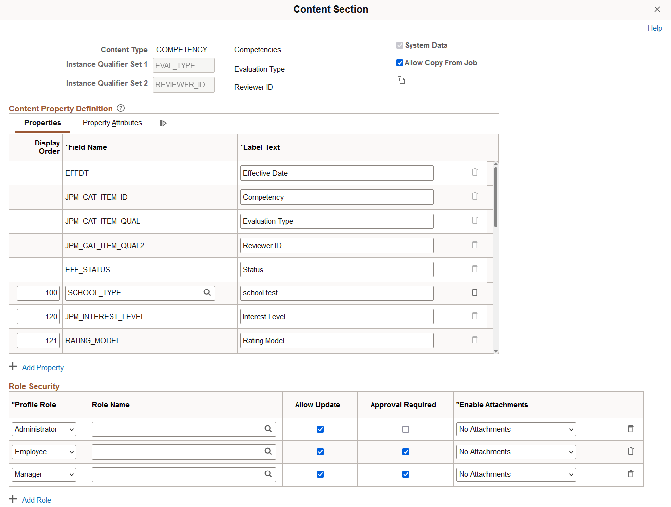 Content Section page: Properties tab