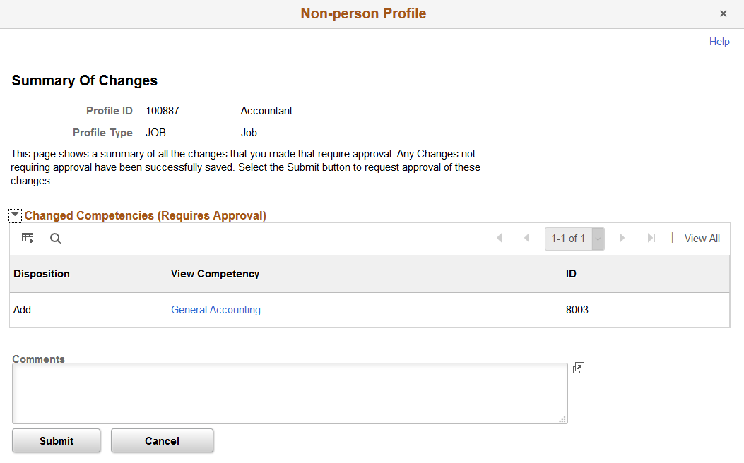 Non-person Profile - Summary of Changes page