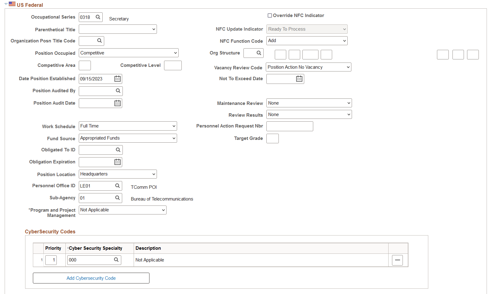 Position Data - Description page - US Federal section