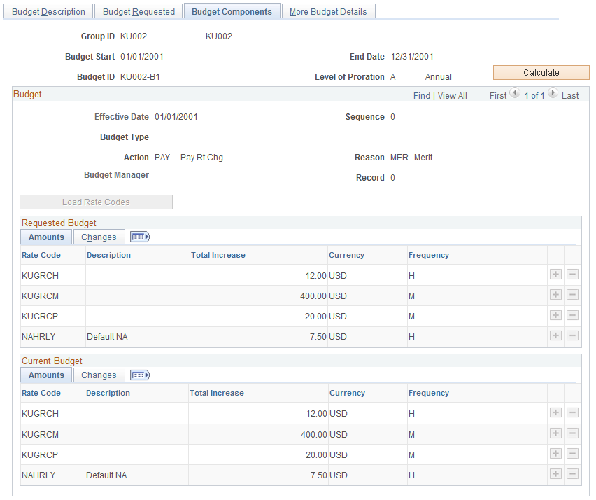 Create/Approve Group Budget - Budget Components page: Amounts tab (1 of 2)