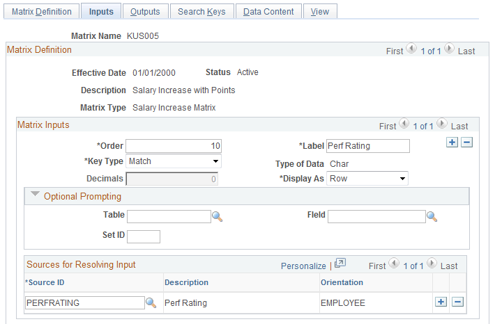 Inputs page