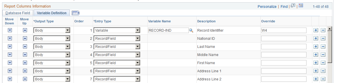 Report Columns page: Variable Definition tab