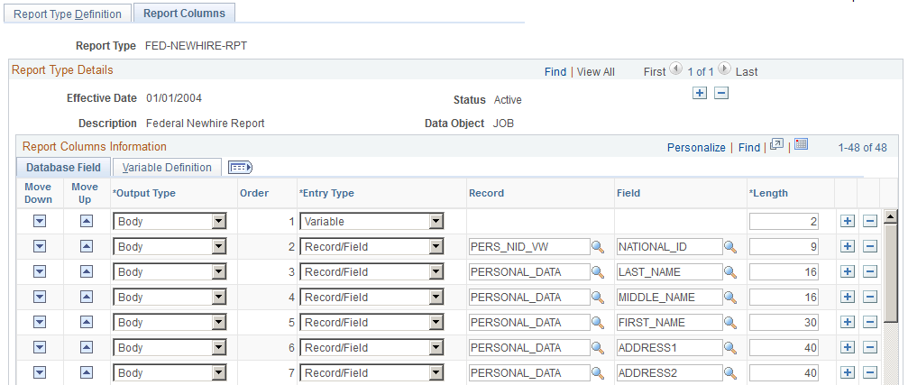 Report Columns page