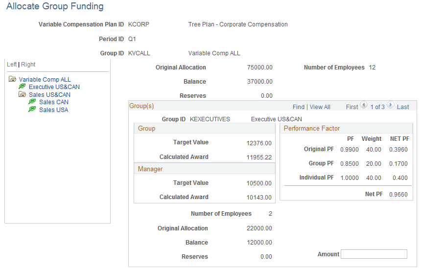 Allocate Group Funding page