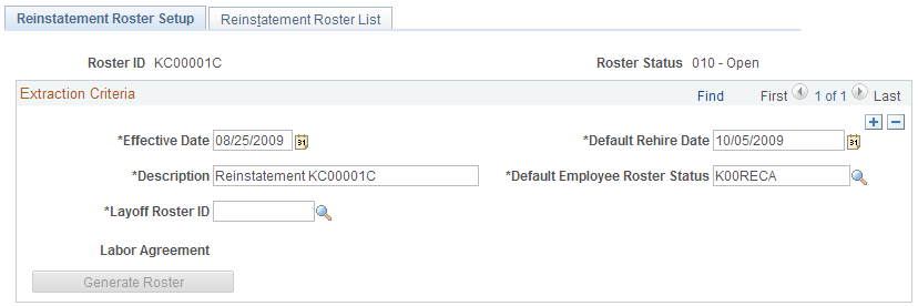 Reinstatement Roster Setup page
