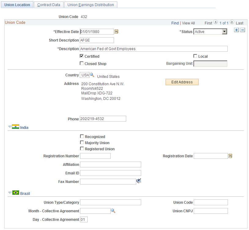 Union Location page
