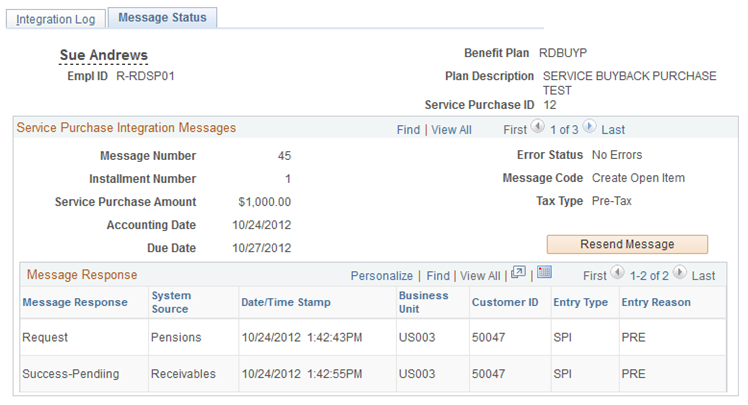 Message Status page