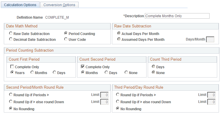 Duration - Calculation Options page