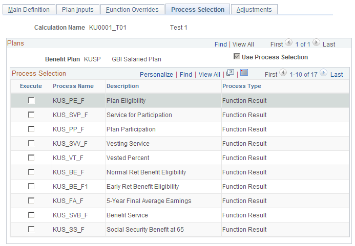 Process Selection page