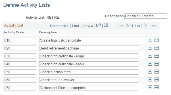 Define Activity Lists page