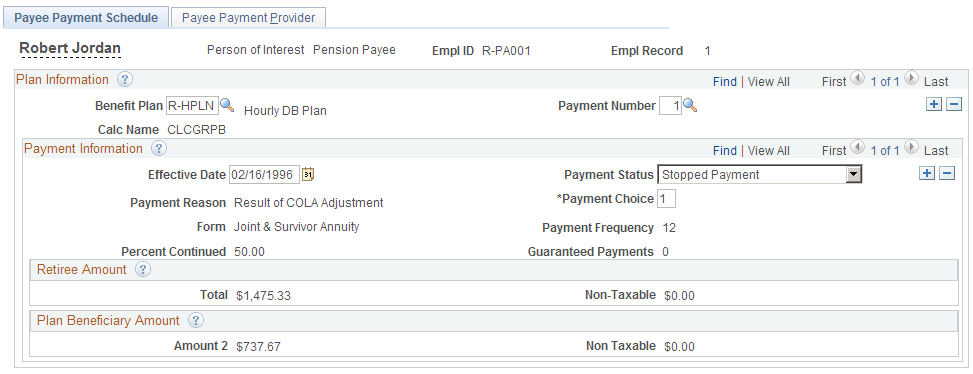 Payee Payment Schedule page