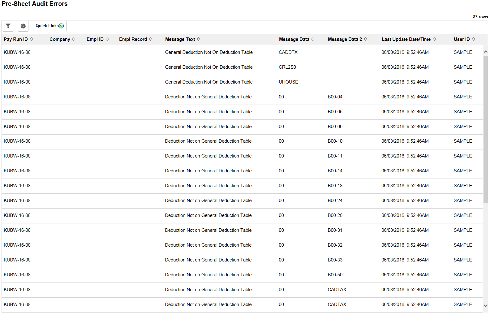 Pre-Sheet Audit Errors page
