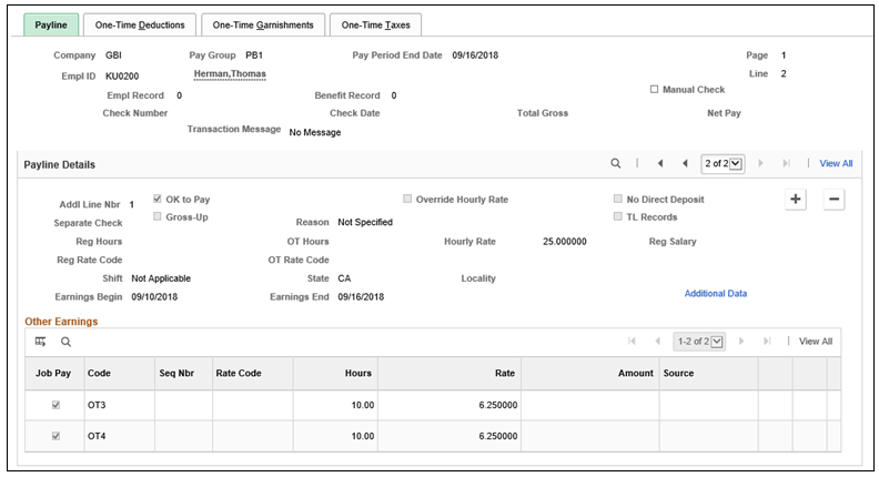 Display of mapped overtime and double time codes, corresponding hours and calculated rate on new payline