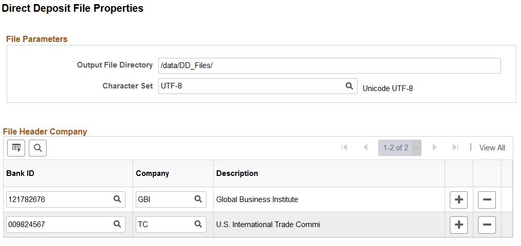 Direct Deposit File Properties page