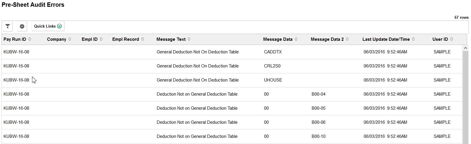 Pre-Sheet Audit Errors page