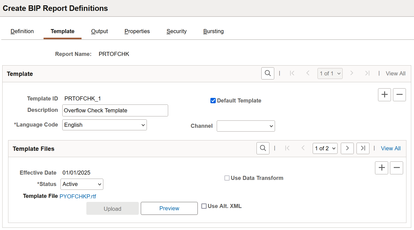 Create BIP Report Definitions - Template page