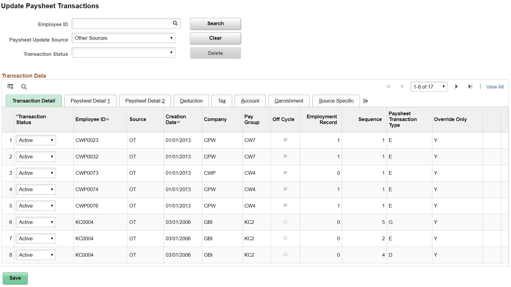 Update Paysheet Transactions page