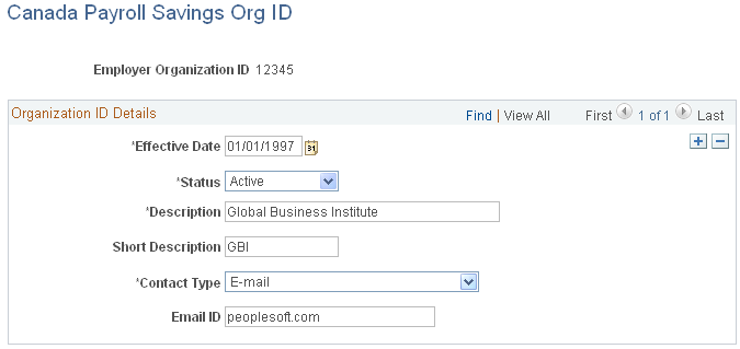 Canada Payroll Savings Org ID page
