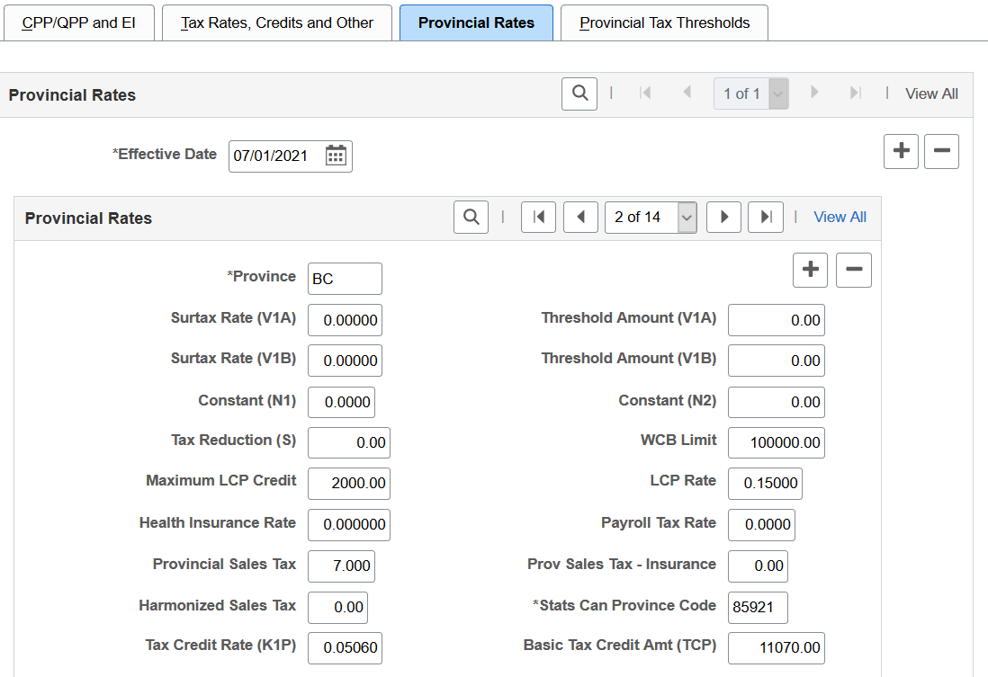 Provincial Rates page (1 of 2)