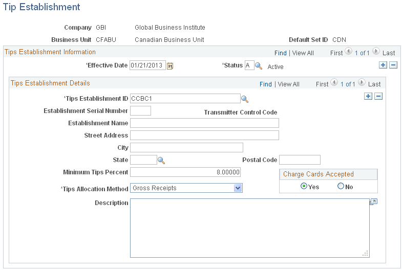 Tip Establishment page